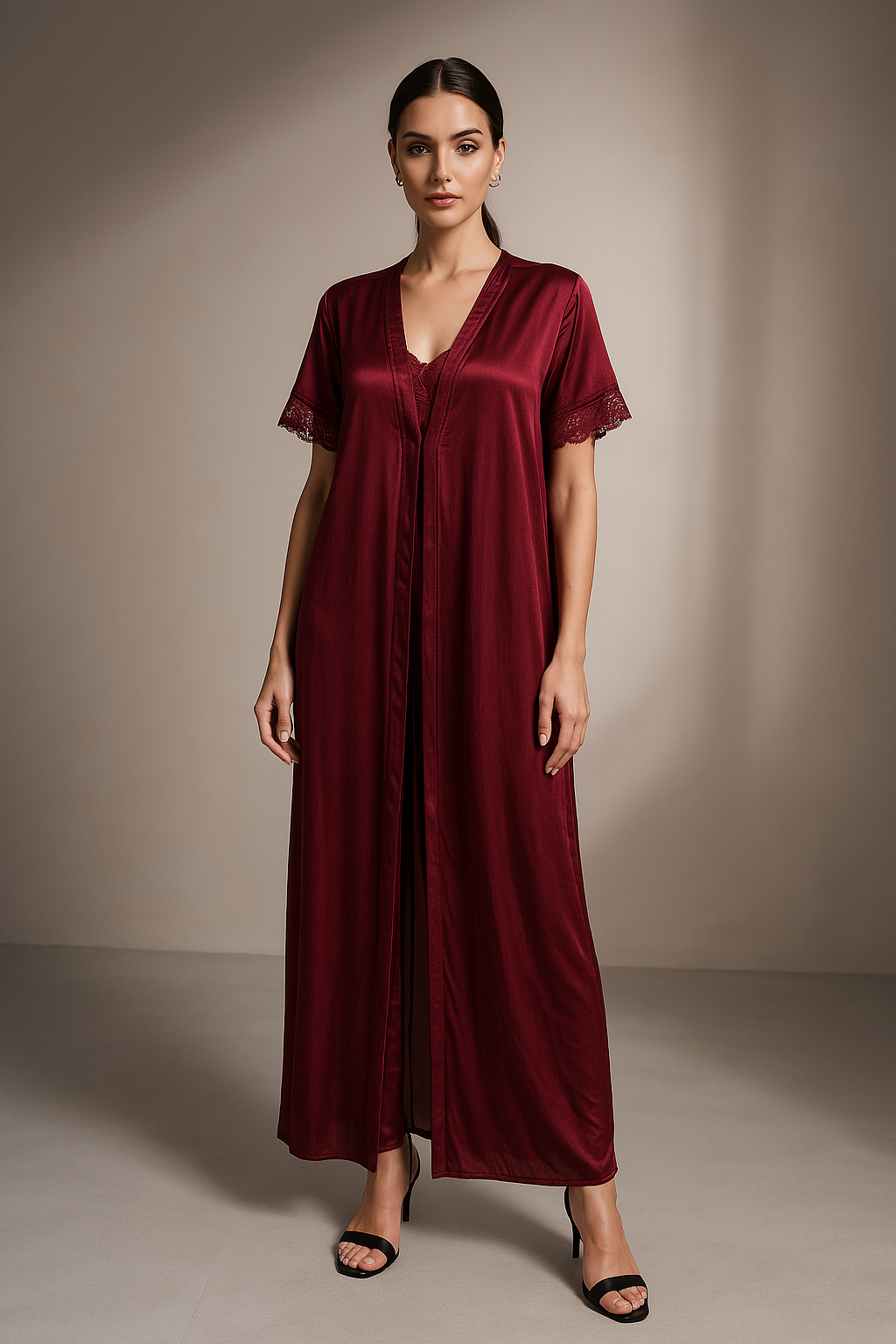 Crimson Royale Lace-Trimmed Four-Piece Nightwear Set